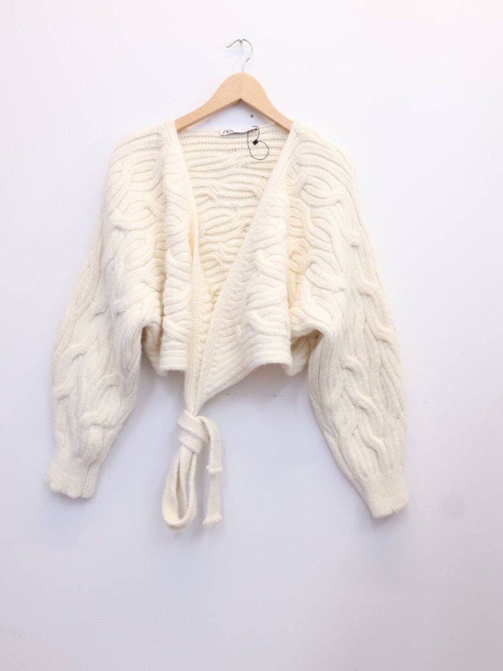 NWT Zara Cable Knit Wrap Cardigan Cropped Tie Waist Chunky Ecru Cream Size L